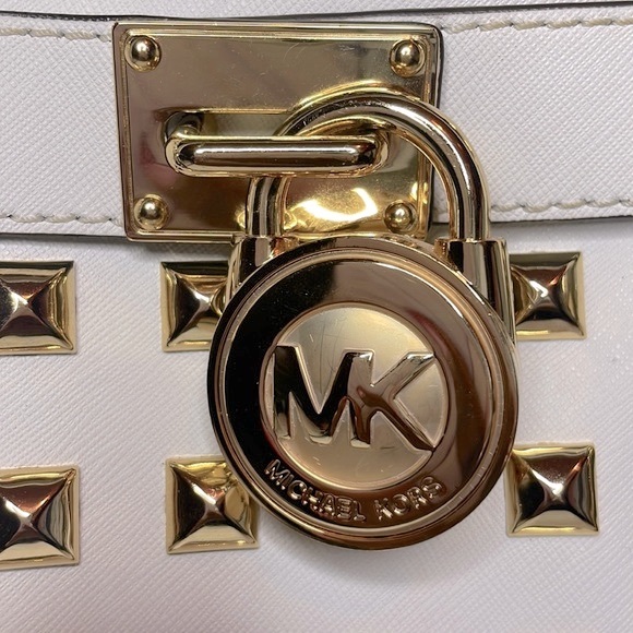 Michael Kors Hamilton Large Pyramid Studded Satchel Shoulder Bag Tote White - Picture 7 of 16